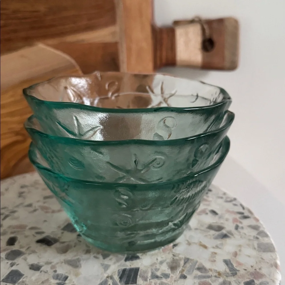 Spanish Recycled Green Glass Bowls with Coastal Theme Embossed Sea Creatures (3)